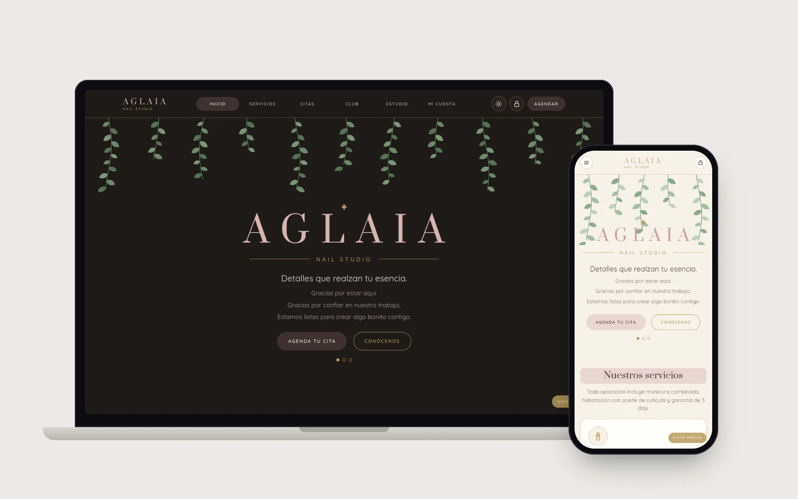 AGLAIA Nail Studio en laptop y teléfono
